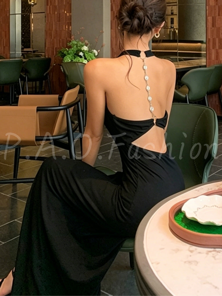 Rhinestone Chain Backless Halter Mermaid Maxi Dress