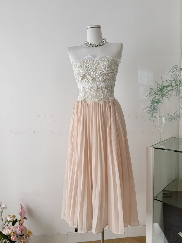 Lace Trim Pleated Strapless Midi Dress