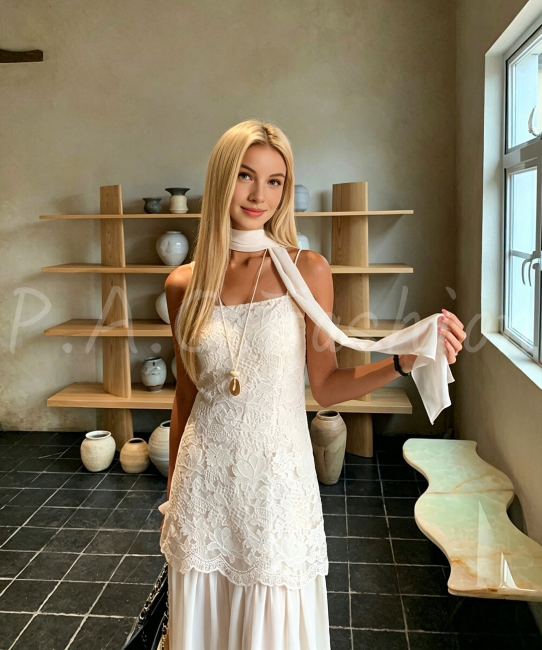 Lace Panel Slip Dress with Chiffon Scarf
