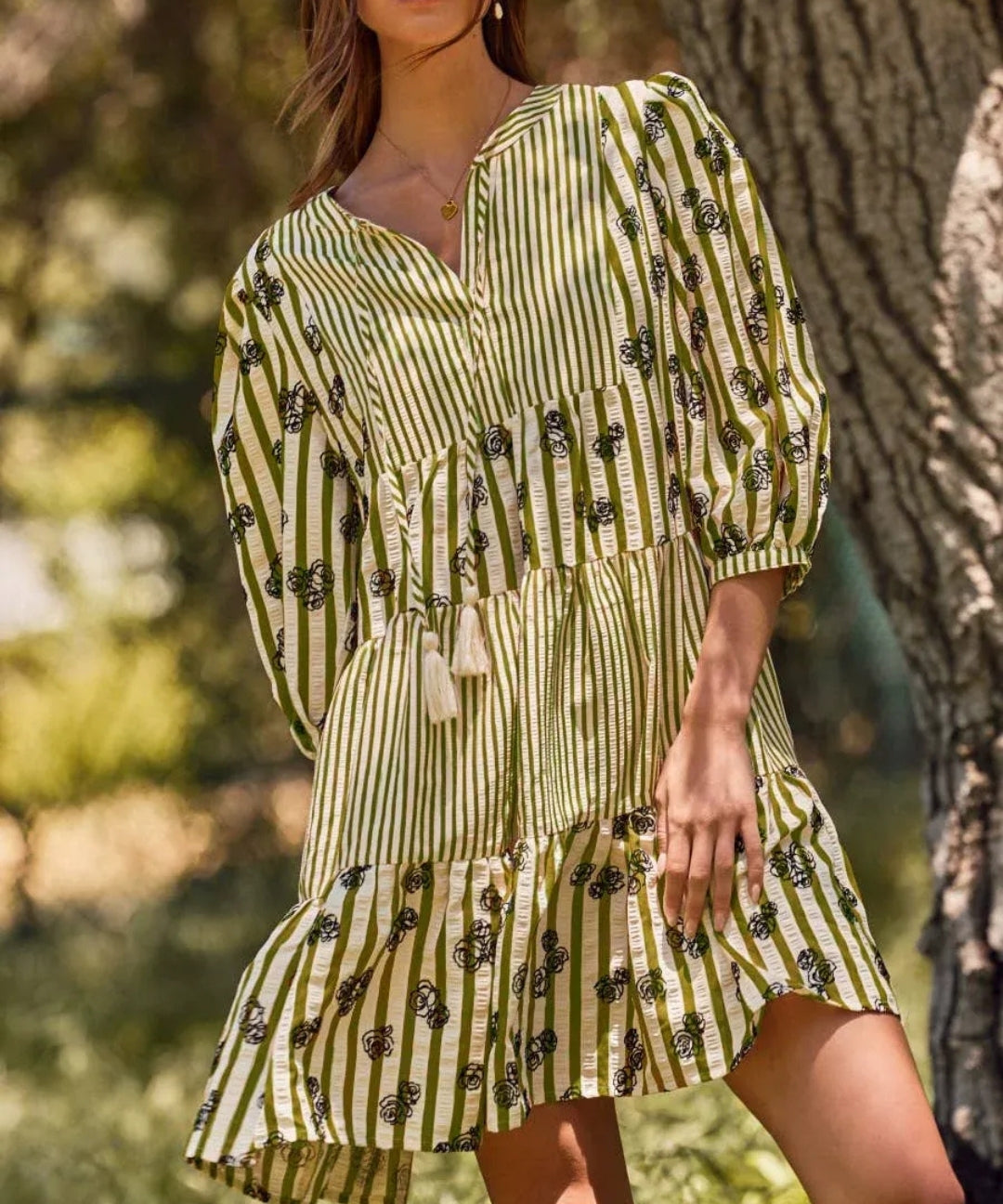 Striped Floral Embroidered Babydoll Dress