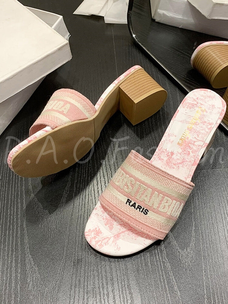 Embroidered Square-Toe Block Heel Slide Sandals