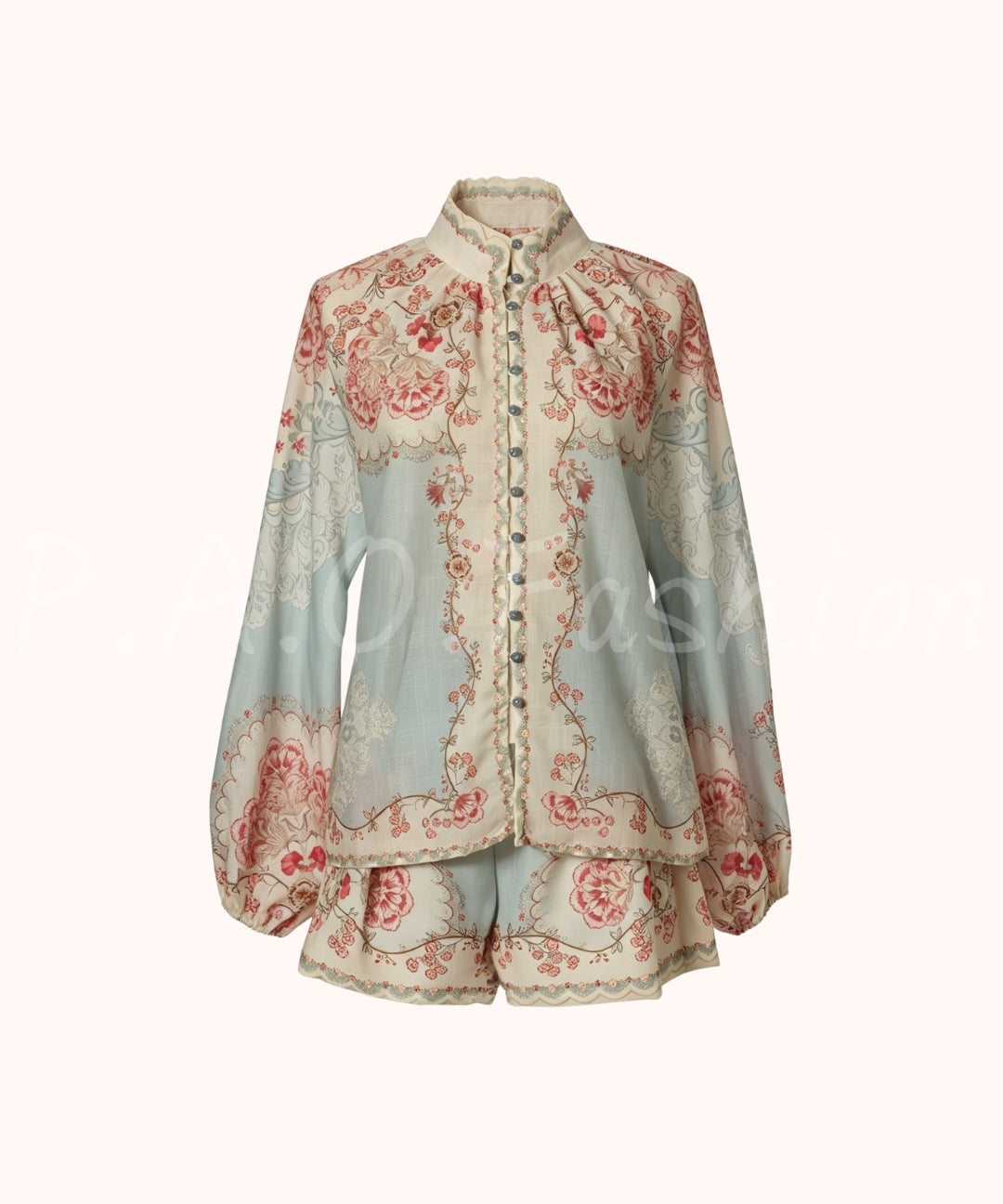 Vintage Floral High Neck Shirt & Shorts Set[Available Now]