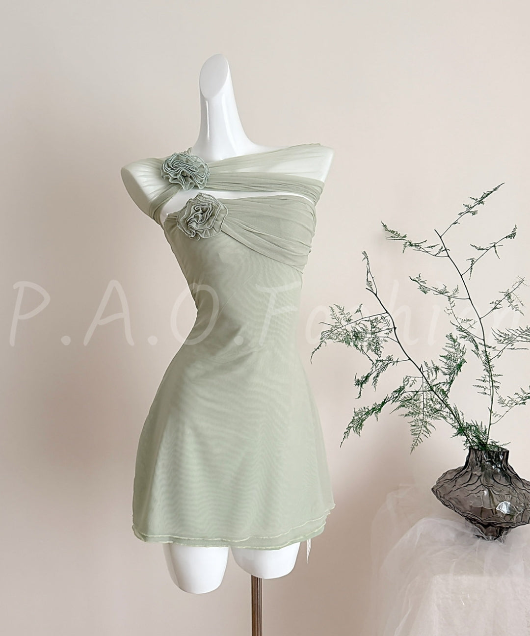 3D Floral Mesh Halter Mini Dress[Available Now]