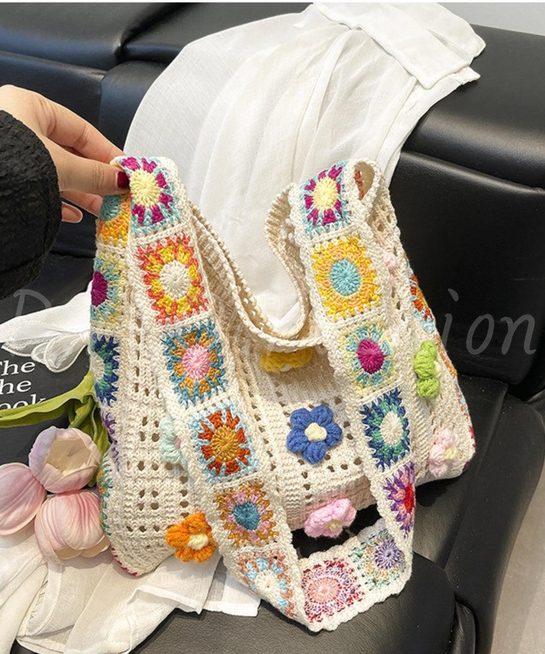 Floral Crochet Hollow Tote Bag