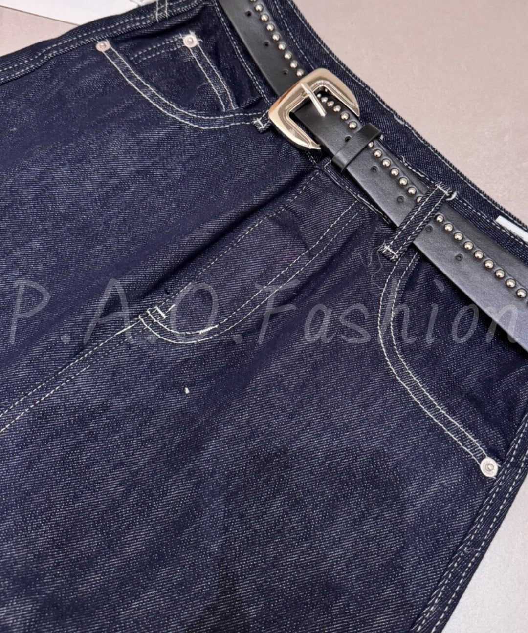Vintage Washed A-Line Denim Mini Skirt With Studded Belt[Available Now]