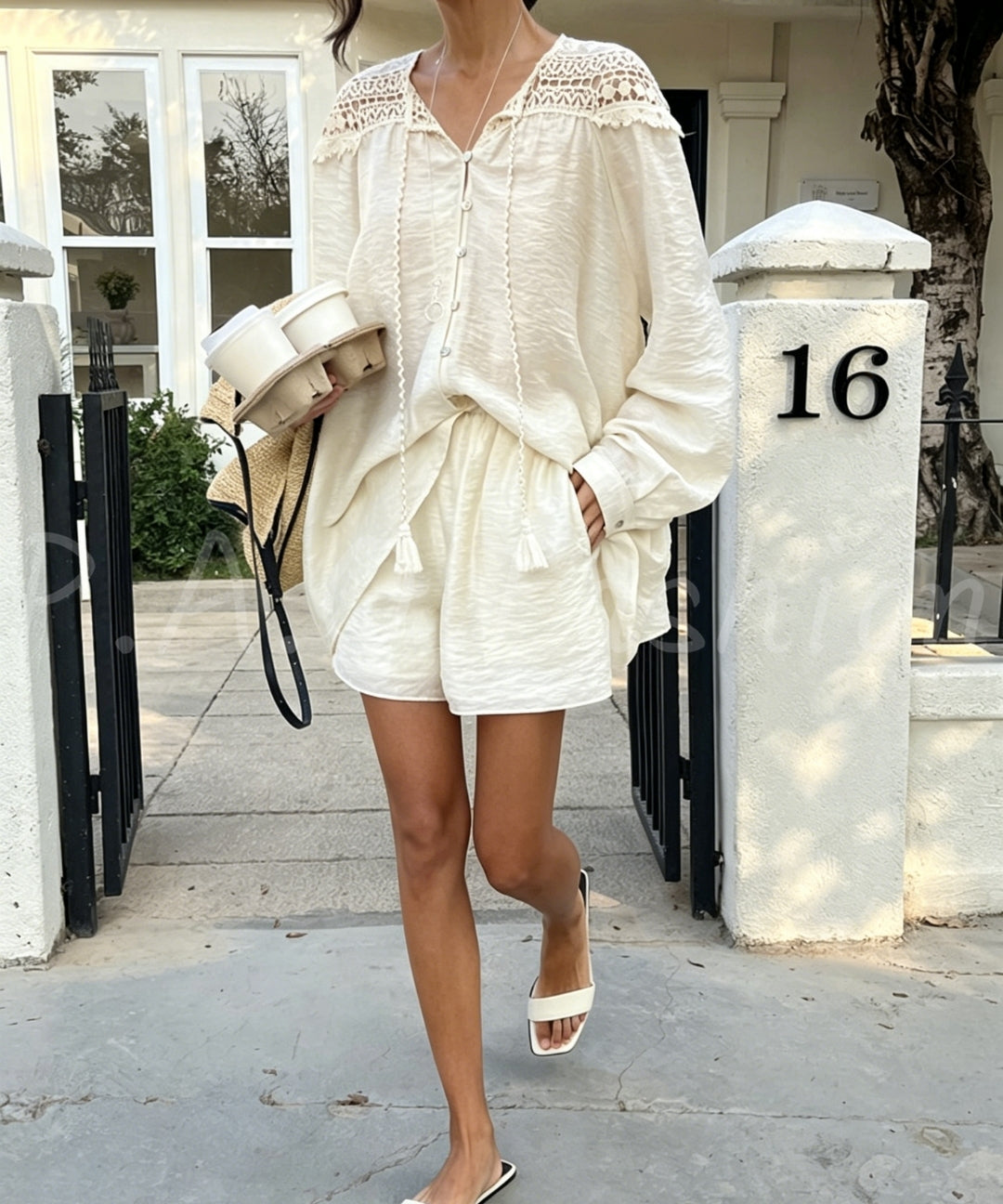 Tencel-Acetate Blend Lace Panel Shirt & Shorts Set[Available Now]