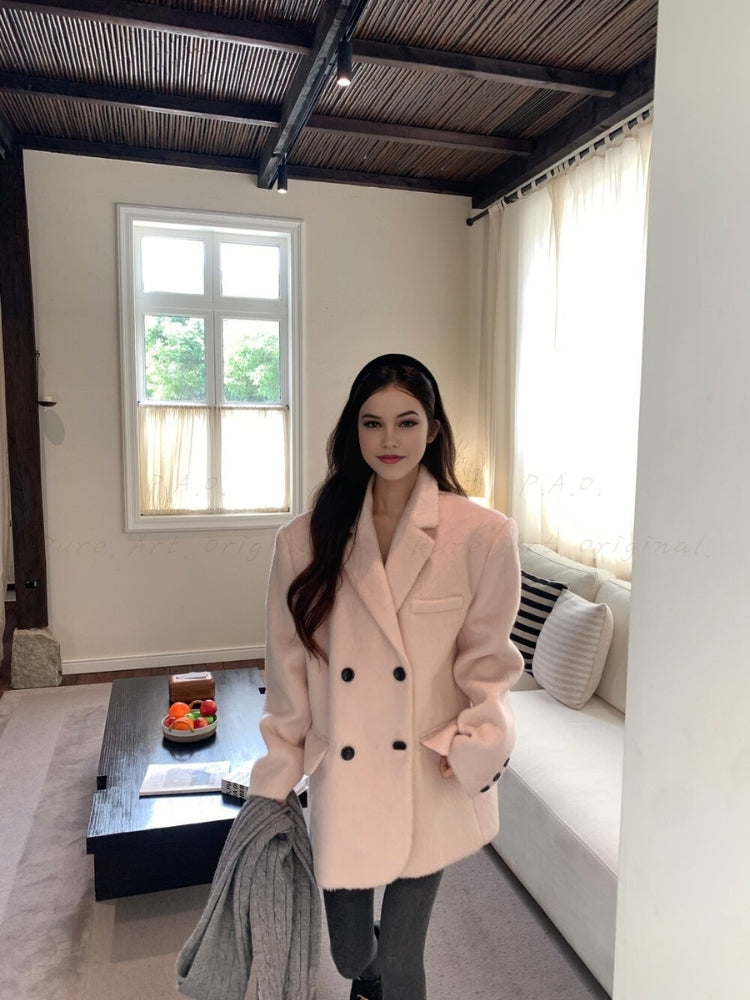 French-Inspired Pink Wool-Feel Thickened Blazer