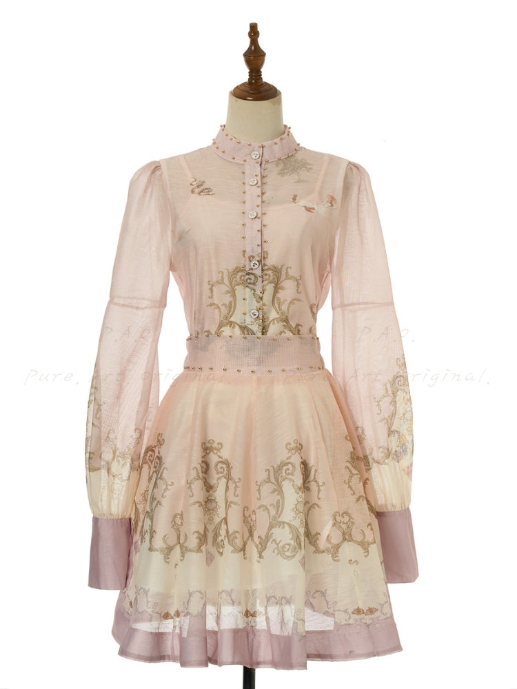 Vintage Print Collar Top & Flared Mini Skirt 3-Piece Set