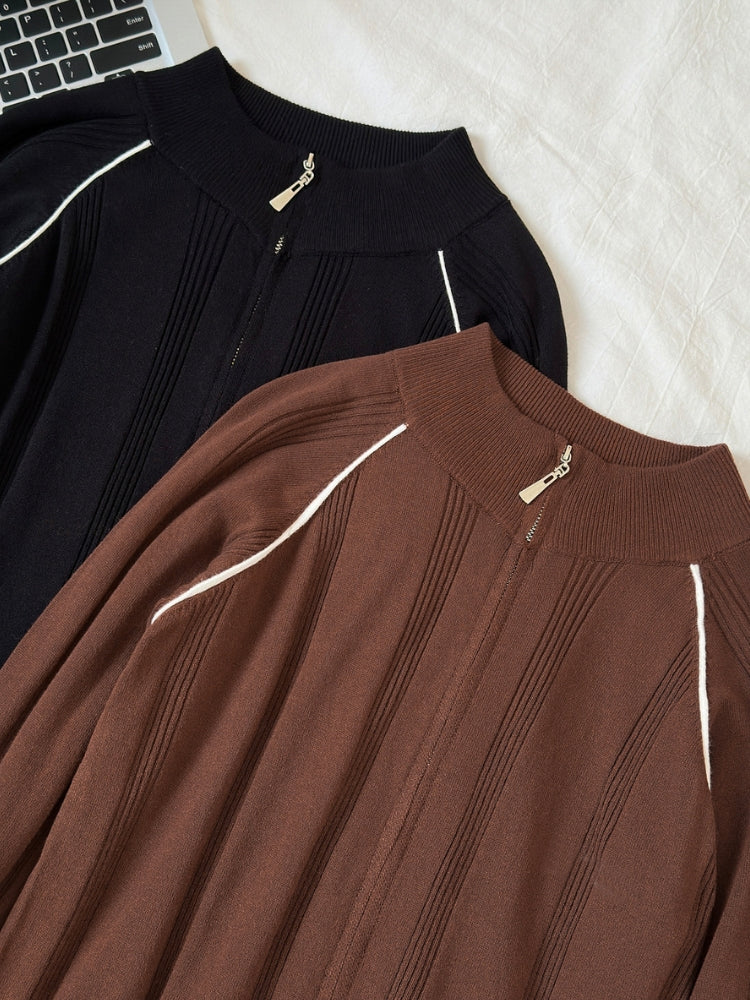 Vintage Contrast-Trim Zip Knit Cardigan