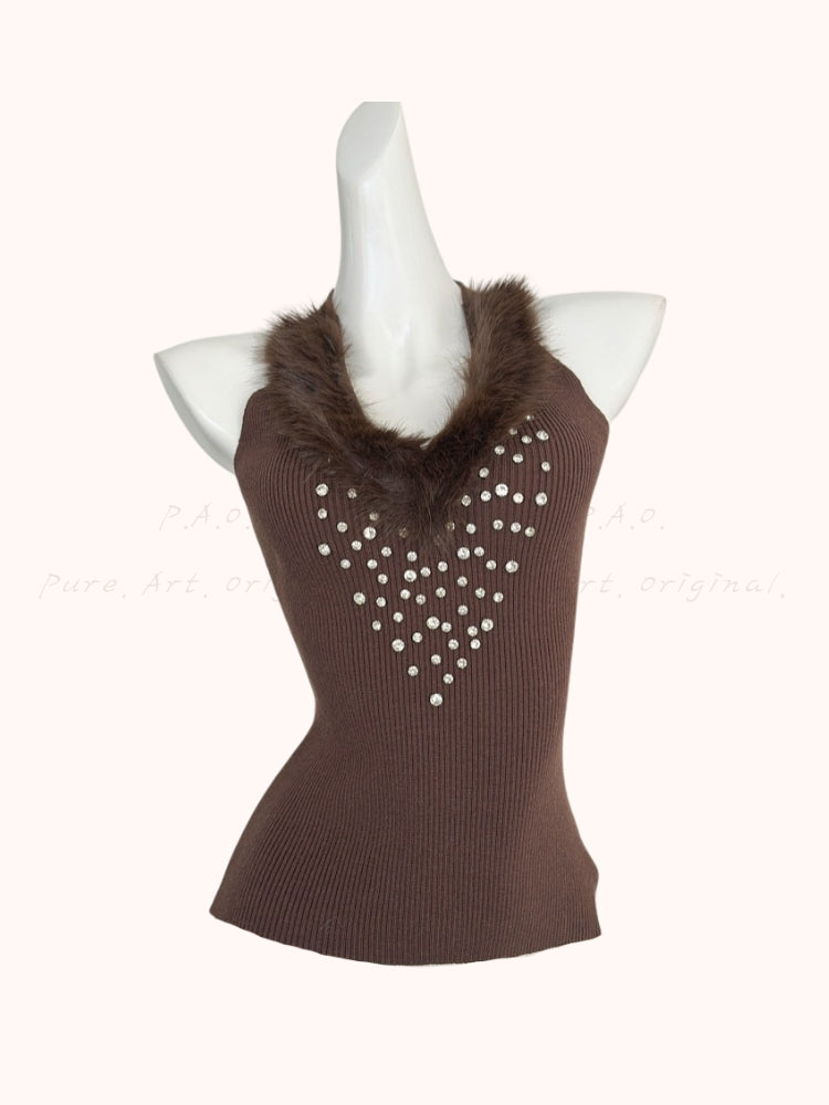 Faux Fox Fur & Hand-Embellished Rhinestone Knit Vest