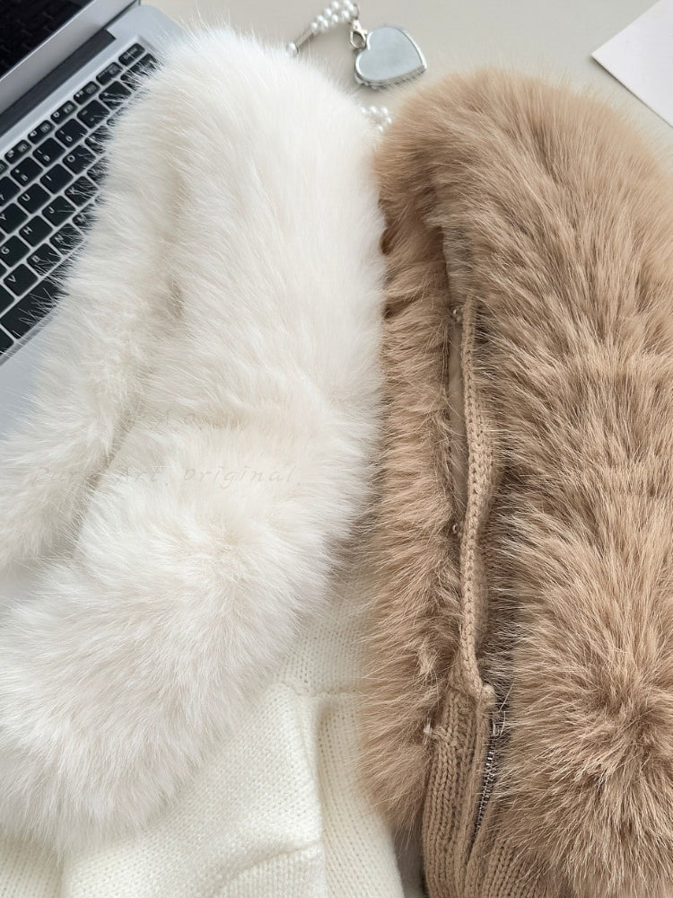 Large Faux Fox Fur Hooded Zip-Up Cardigan