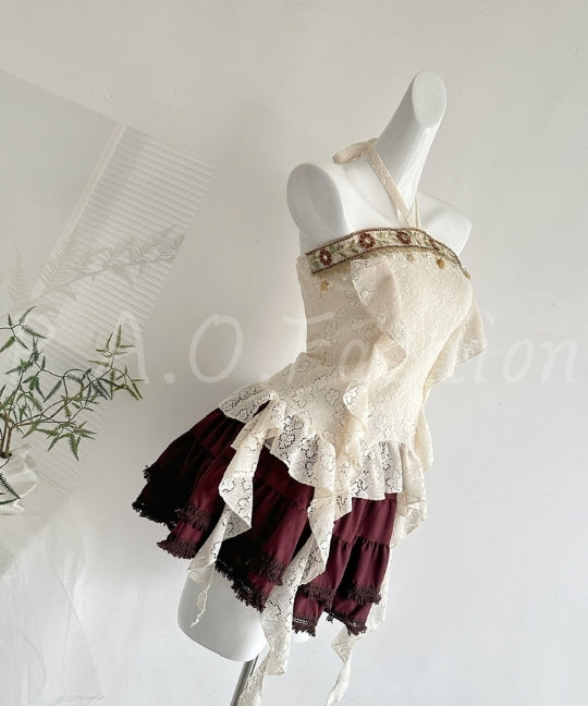 Boho Lace Halter Top & Burgundy Ruffle Mini Set[Available Now]