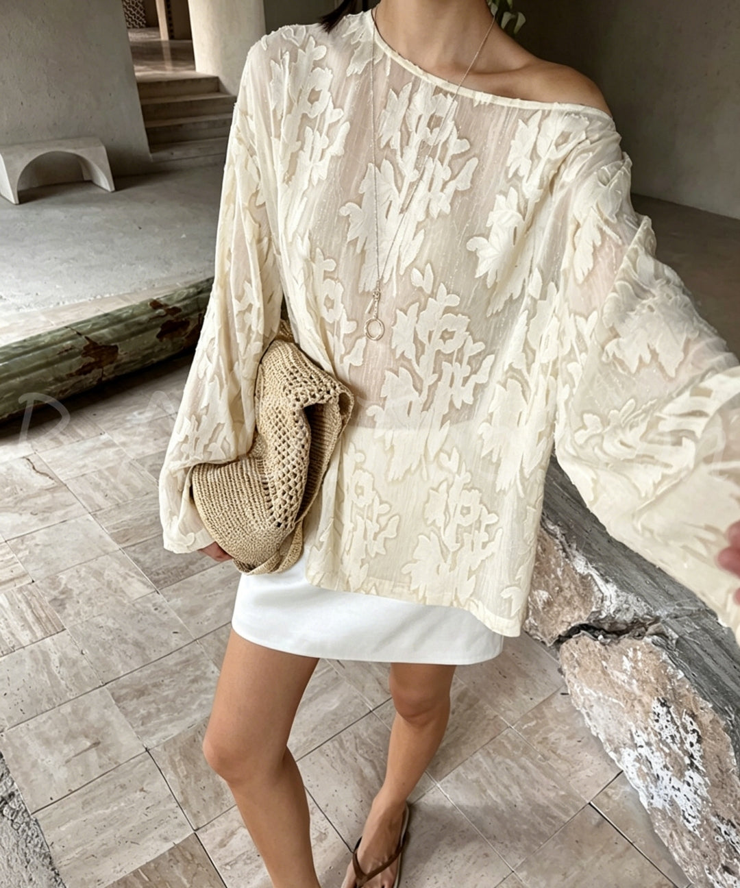 French One-Shoulder Jacquard Long Sleeve Top[Available Now]