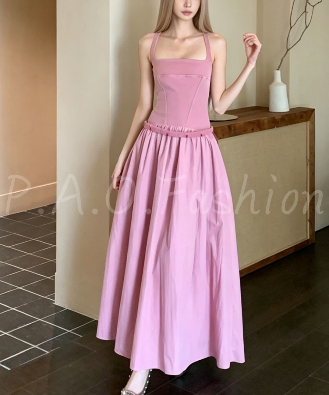 Vintage Washed Square Neck Maxi Dress with Belt