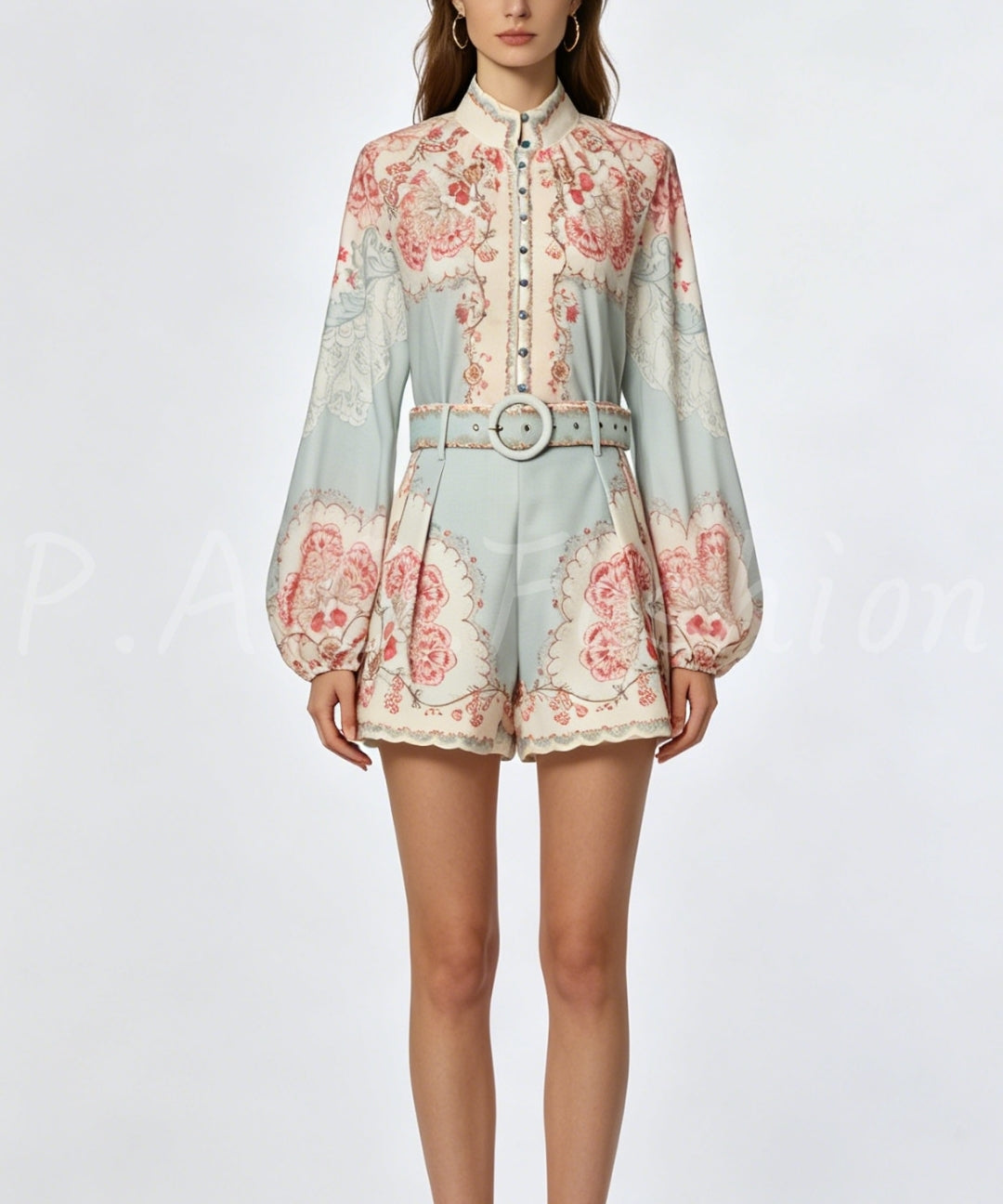 Vintage Floral High Neck Shirt & Shorts Set[Available Now]