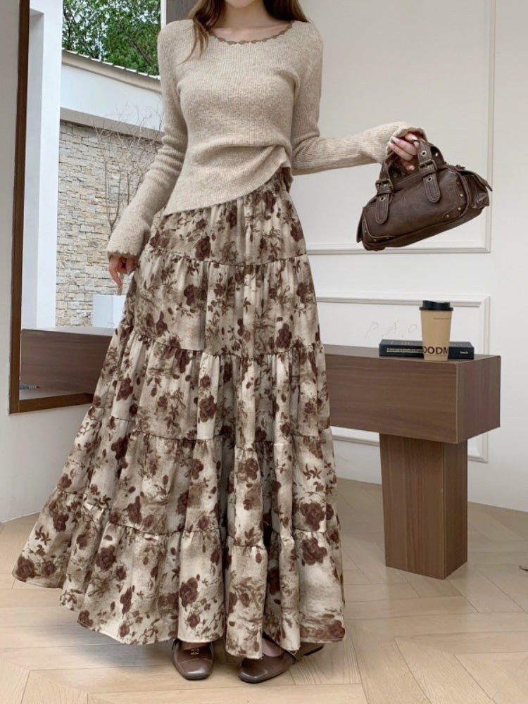 Floral Print Layered A-Line Maxi Skirt