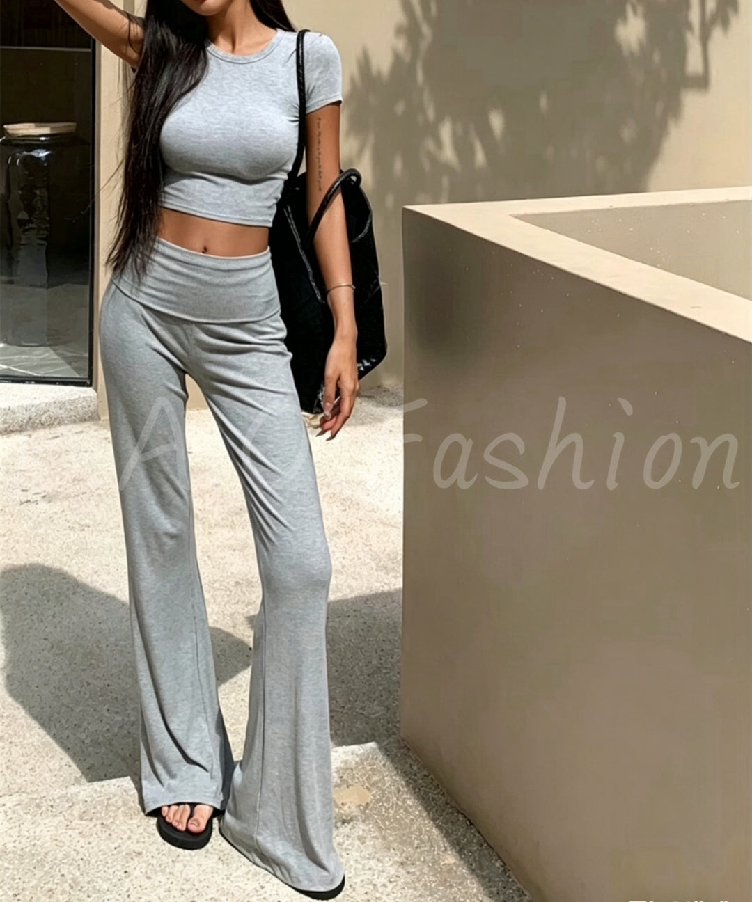 Fitted Cropped Tee & Flared Pants Set[Available Now]