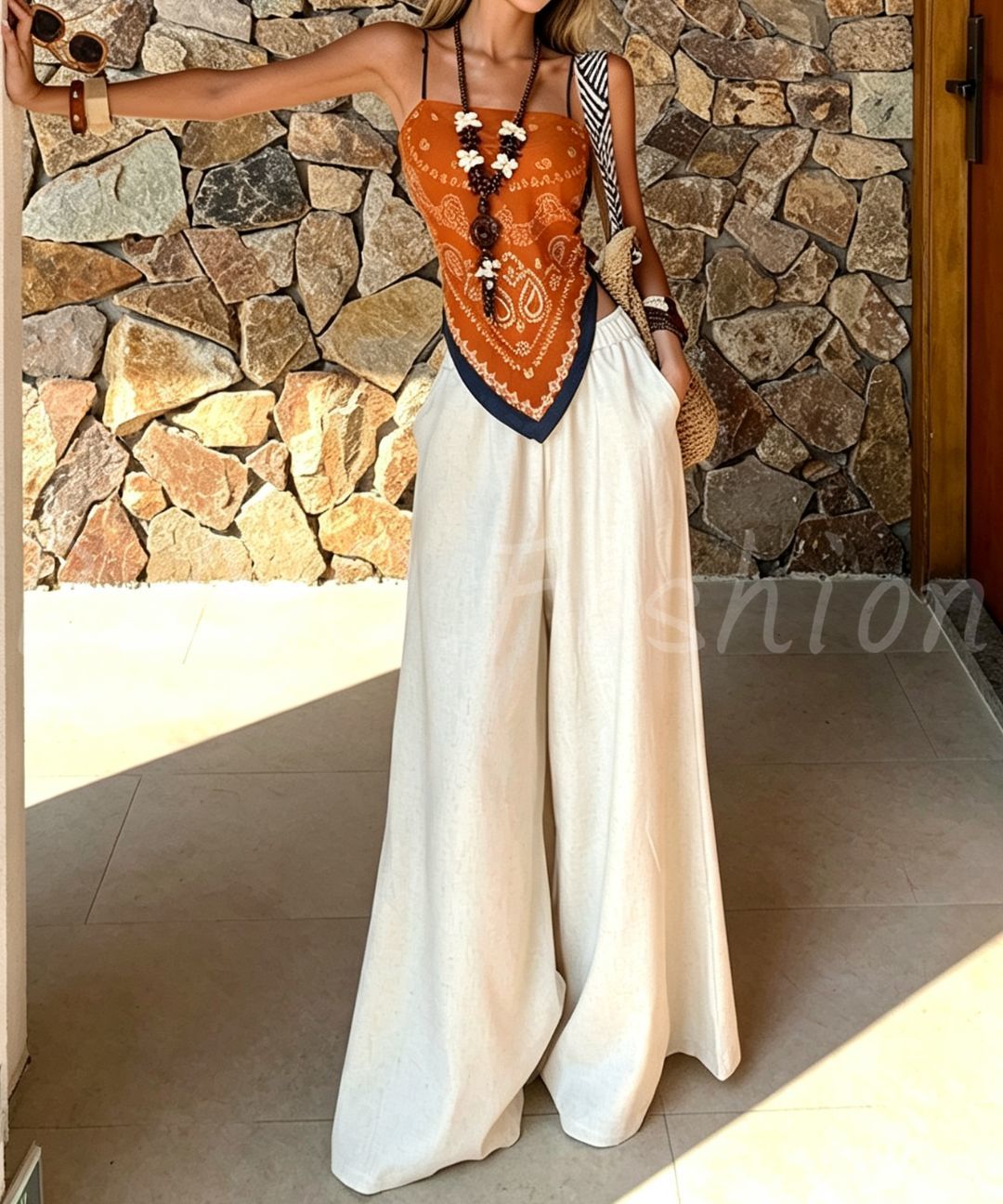 Caramel Paisley Halter Top & Ivory Wide-Leg Pants Set