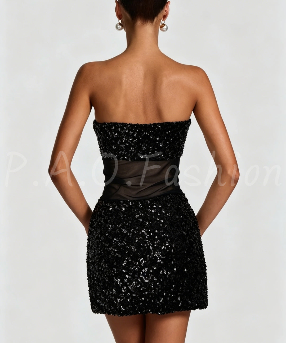 Black Sequin Mesh Panel Strapless Mini Dress[Available Now]