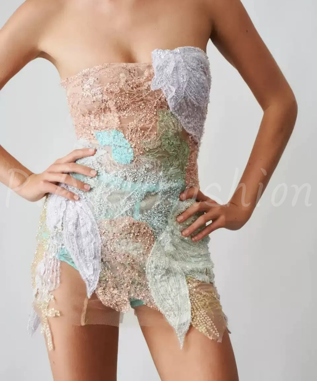 Embellished Floral Strapless Mini Dress