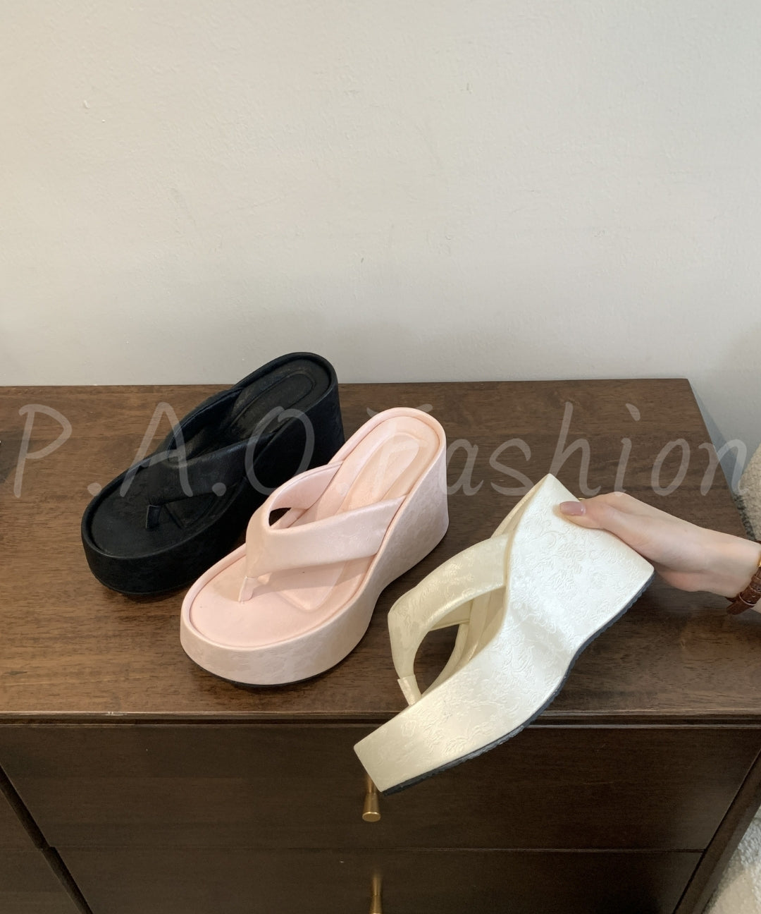 Velvet Satin 8cm Platform Wedge Thong Slides