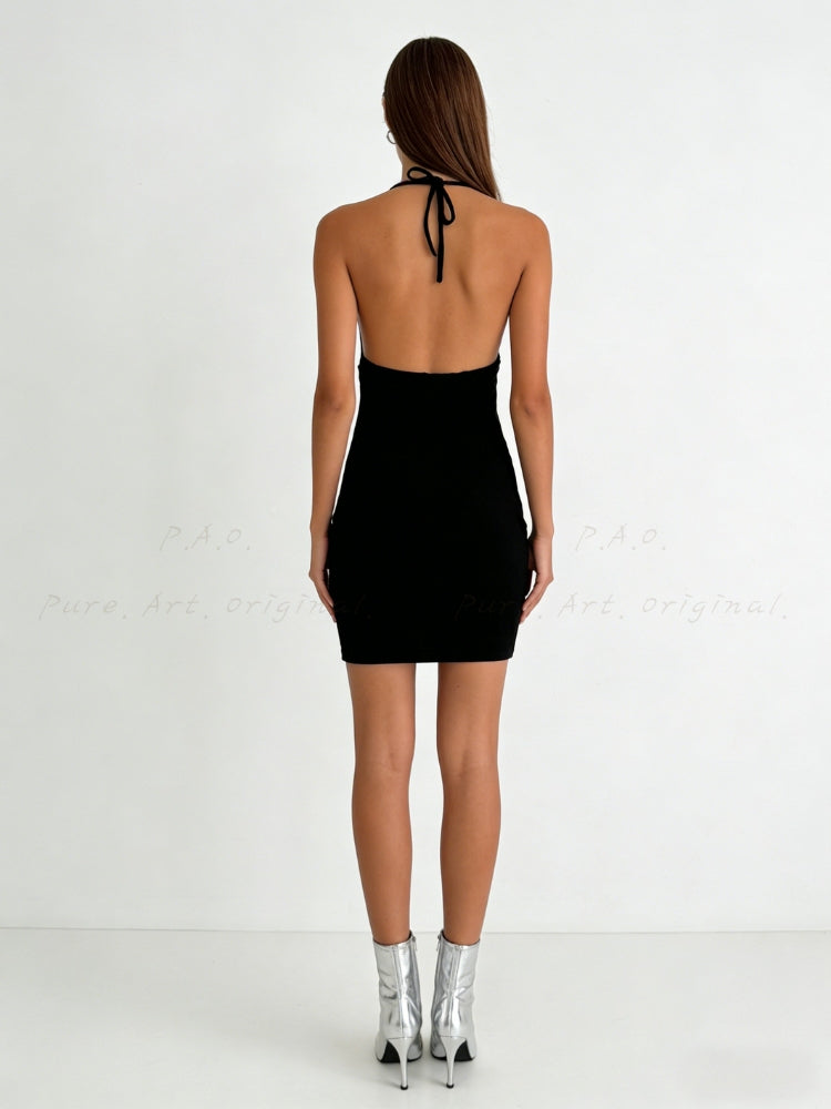 Halter Tie Rhinestone Fringe Backless Mini Dress