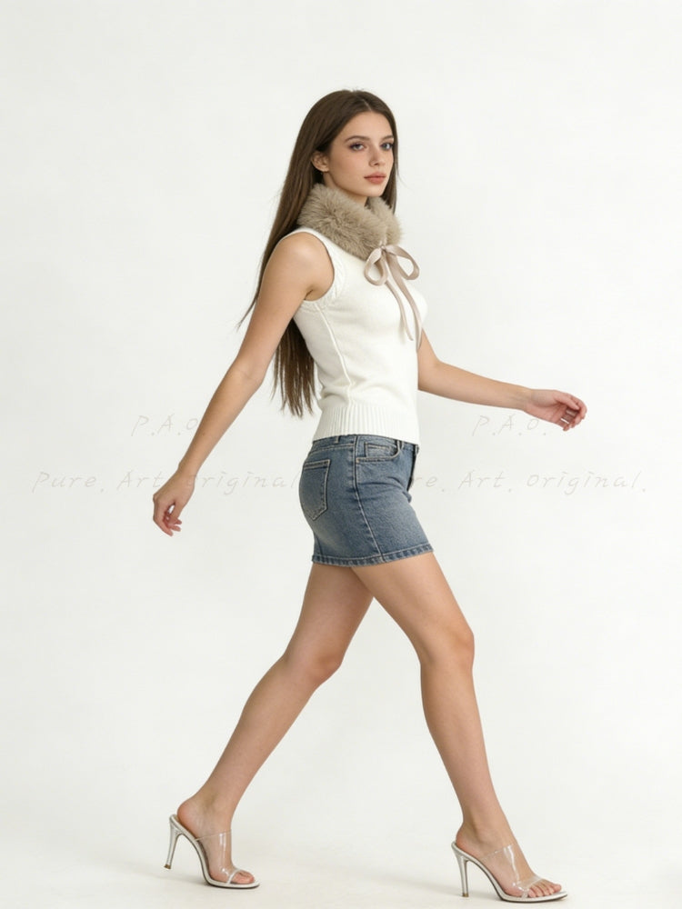 Bow-Tie Faux Fur Collar Knit Top