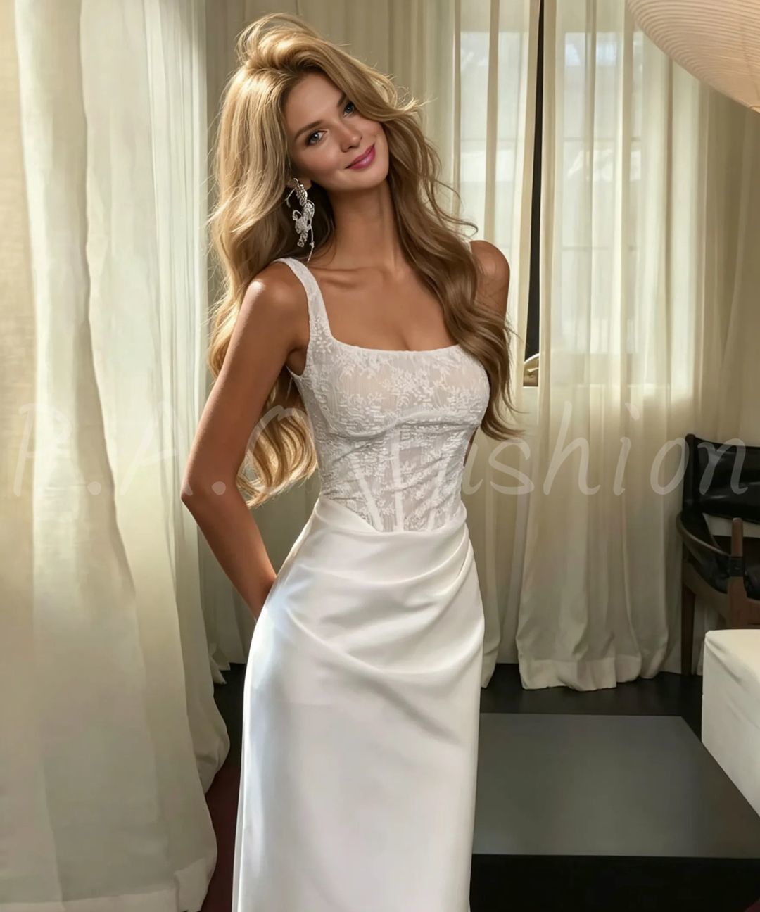 Square Neck Lace Corset Satin Mermaid Maxi Dress