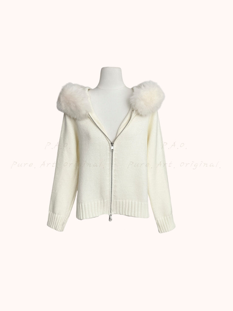 Large Faux Fox Fur Hooded Zip-Up Cardigan