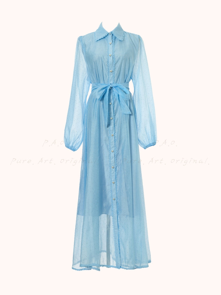 Rhinestone Organza Trim Tie-Waist Maxi Dress