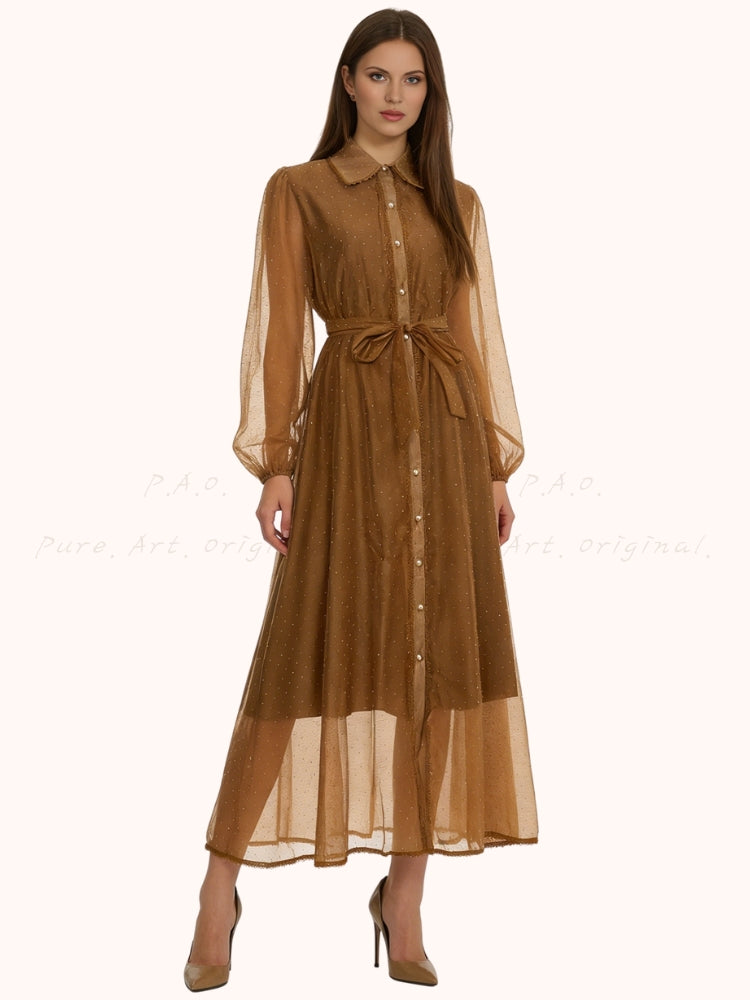 Rhinestone Organza Trim Tie-Waist Maxi Dress