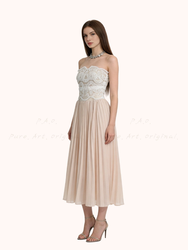 Lace Trim Pleated Strapless Midi Dress
