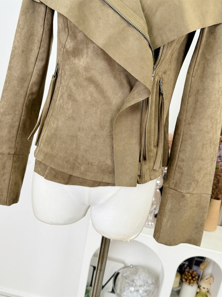 Oversized Collar Suede-Finish Slim Waist Short Coat