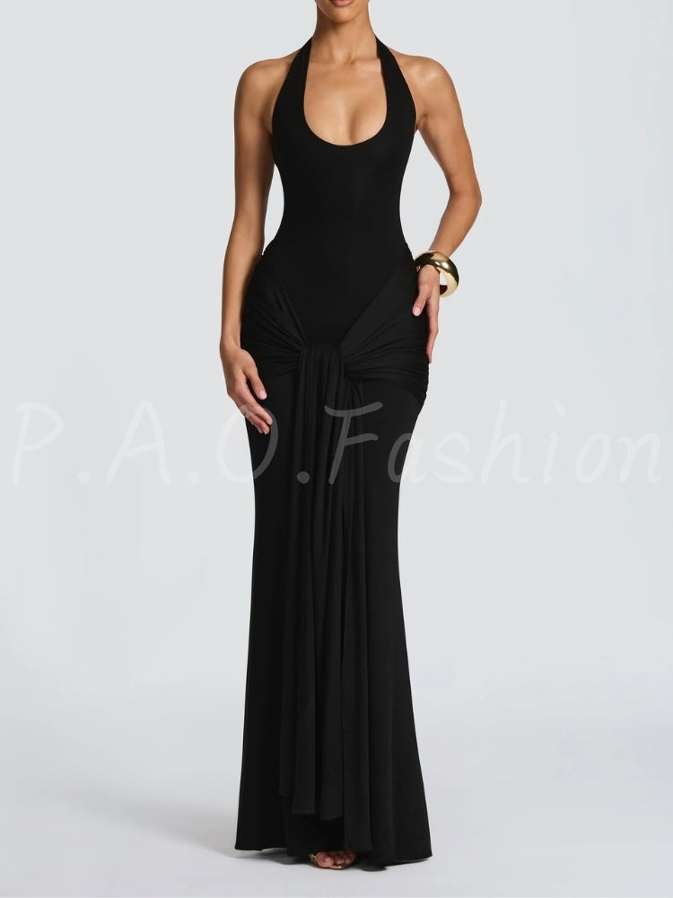 Twist Halter Ruched Open-Back Mermaid Maxi Dress