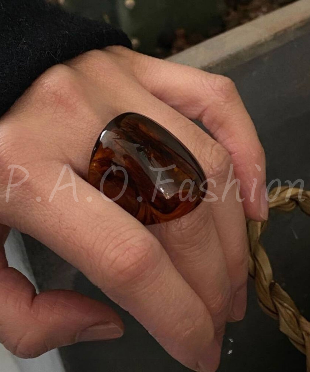 Amber Resin Wide Band Statement Ring