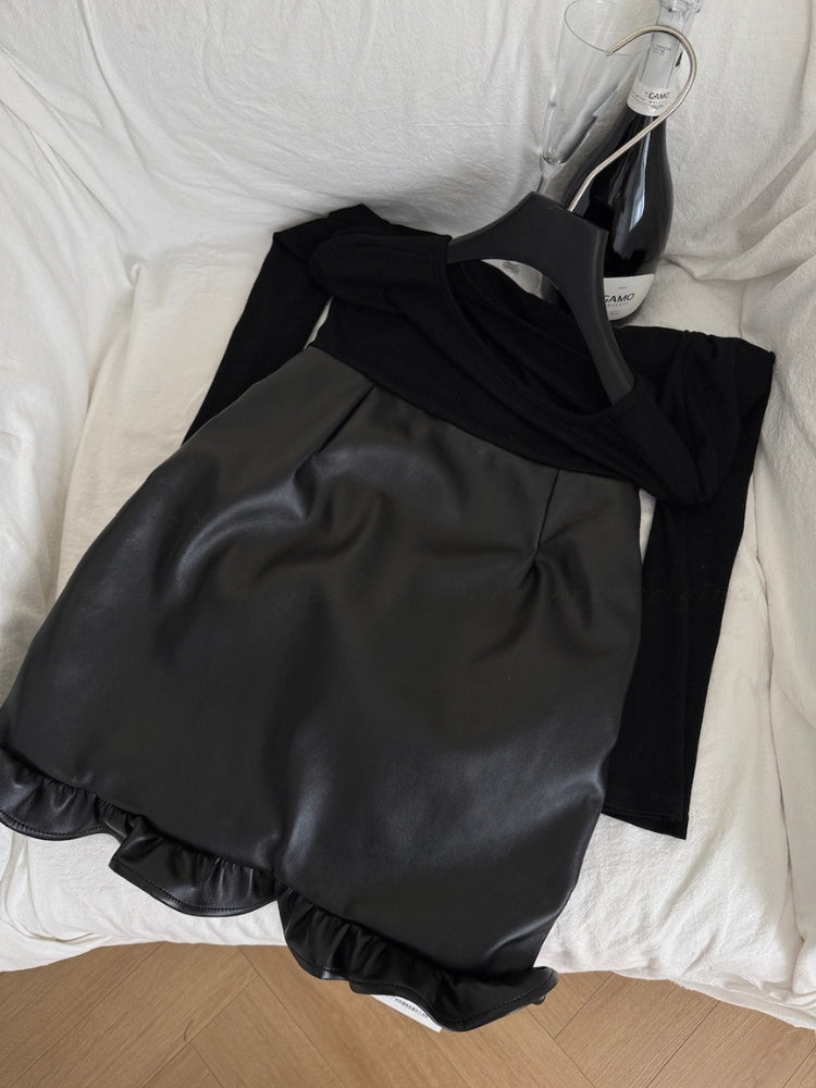 Faux Leather Panel Twist Front Mini Dress