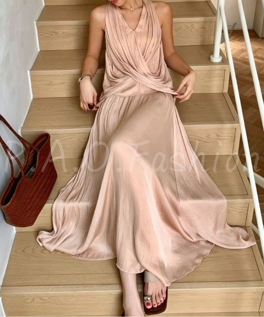 Halter Twist Top & High-Waisted Flowy Skirt Set