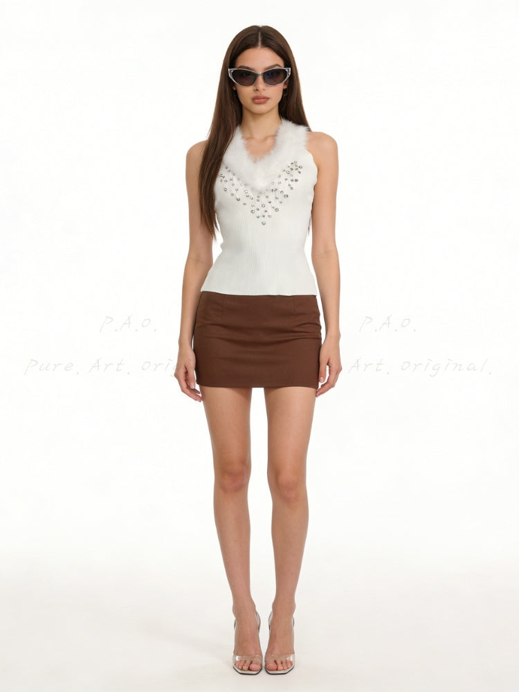 Faux Fox Fur & Hand-Embellished Rhinestone Knit Vest