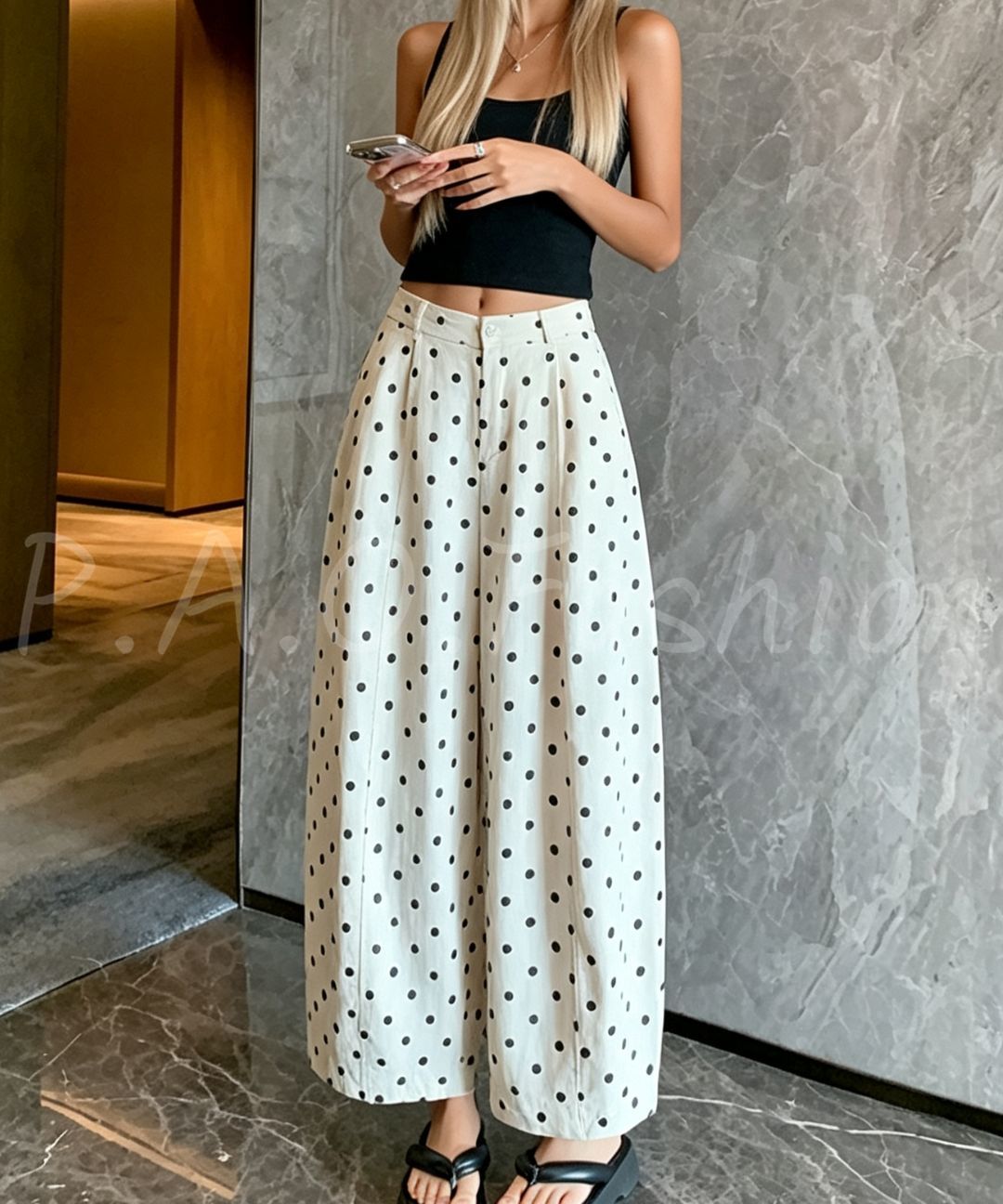 Vintage Polka Dot Linen Blend Cropped Wide-Leg Pants