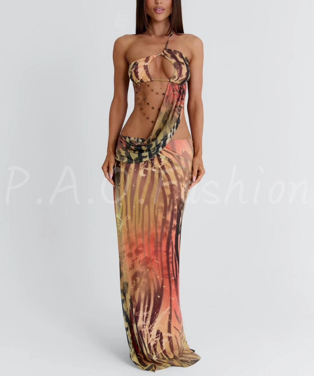 Tie-Dye Cutout Halter Mesh Maxi Dress