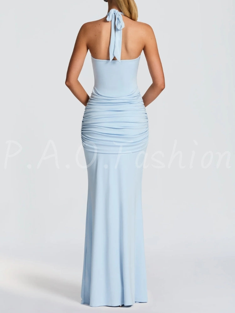 Twist Halter Ruched Open-Back Mermaid Maxi Dress