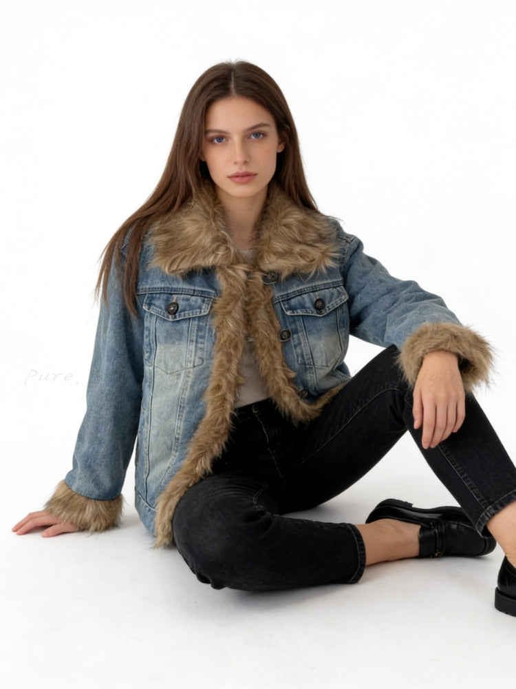 Washed Denim Faux-Fur Patchwork Puffer Jacket
