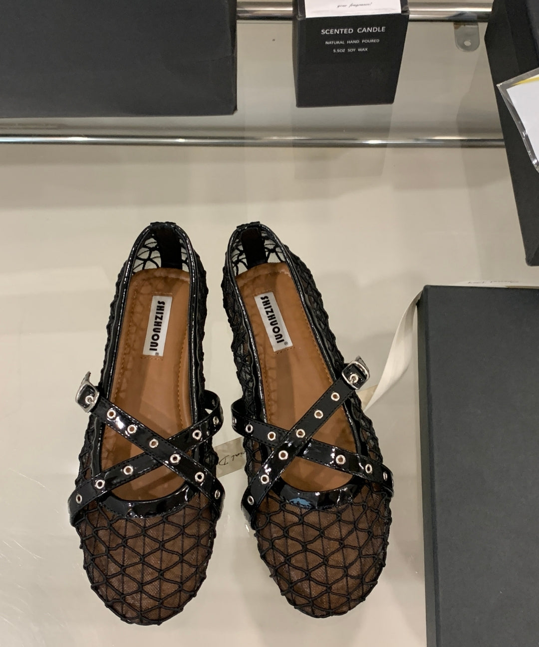 Fishnet Mesh Mary Jane Flats with Double Strap