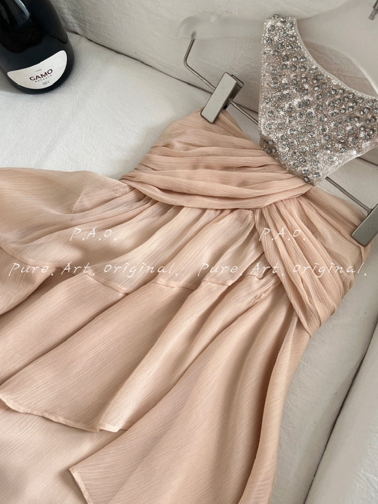 Halter Rhinestone Ruched Chiffon Dress