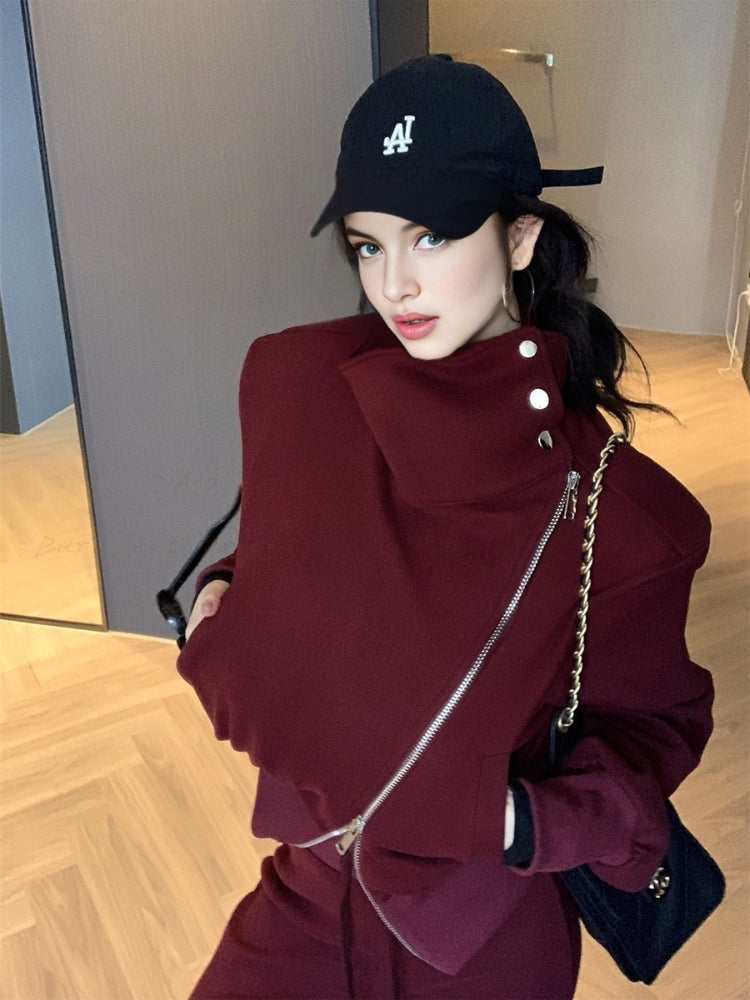 Slim-Fit Asymmetrical Zip Mock Neck Sweatshirt & Flared Pants Set