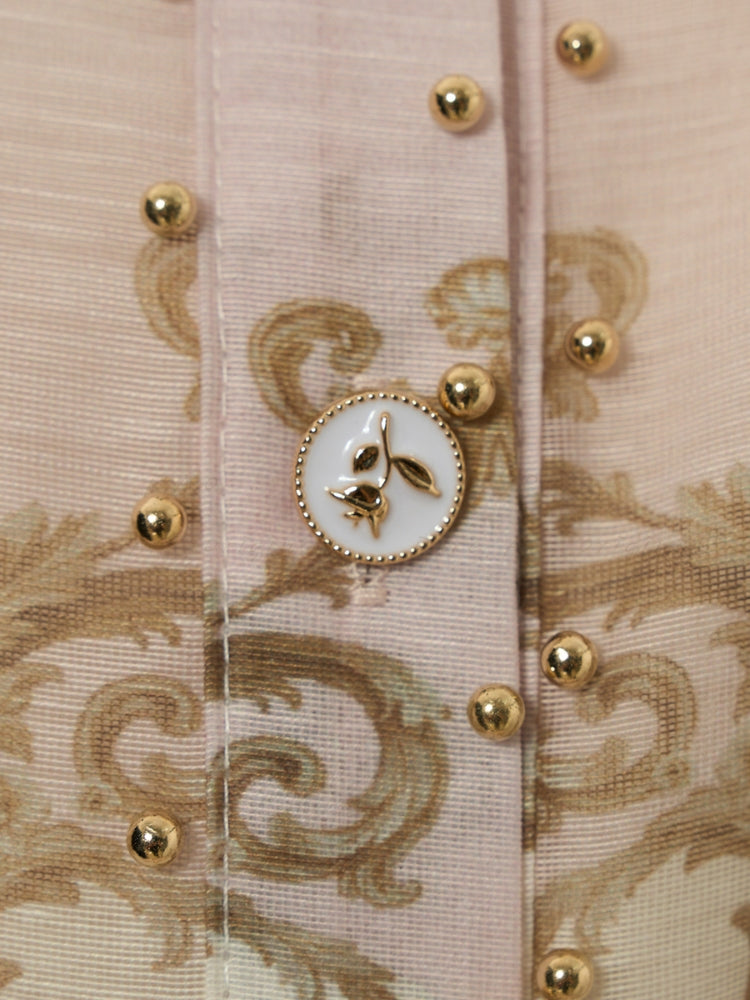 Vintage Print Collar Top & Flared Mini Skirt 3-Piece Set