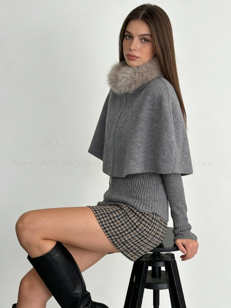 Detachable Faux Fox Fur Collar Cape Sweater Set (Multi-Way Styling)