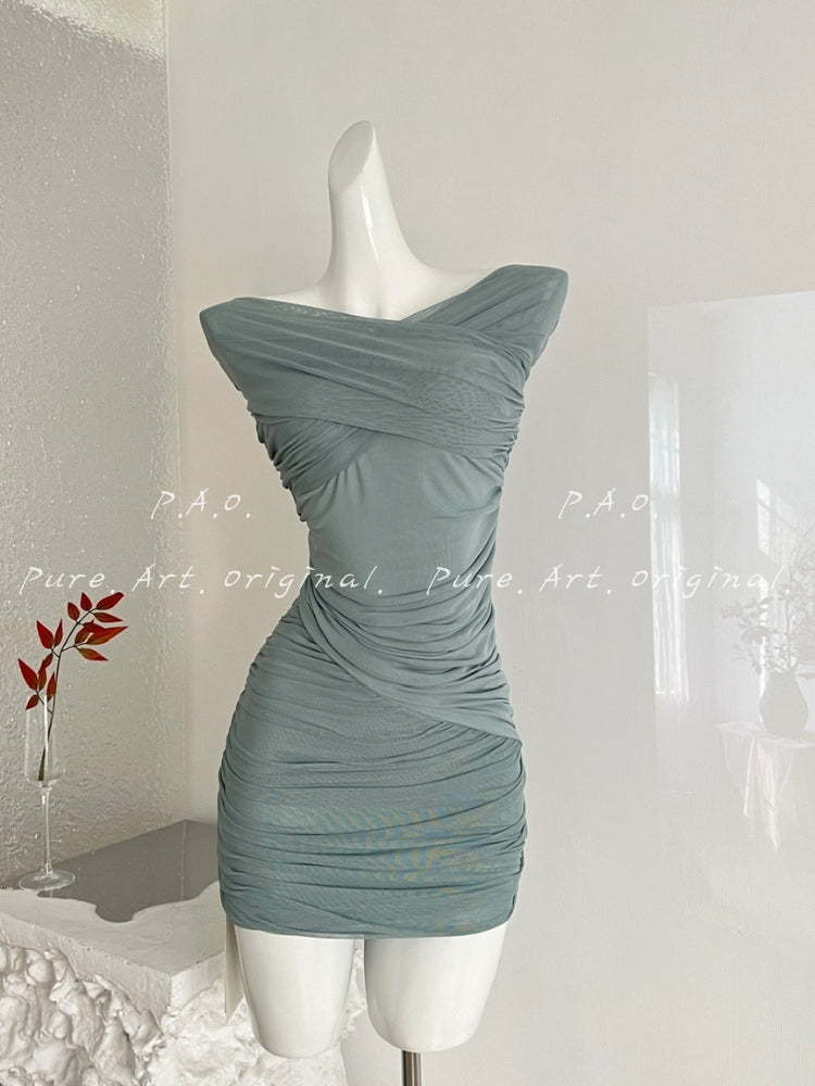 One-Shoulder Ruched Mesh Bodycon Mini Dress
