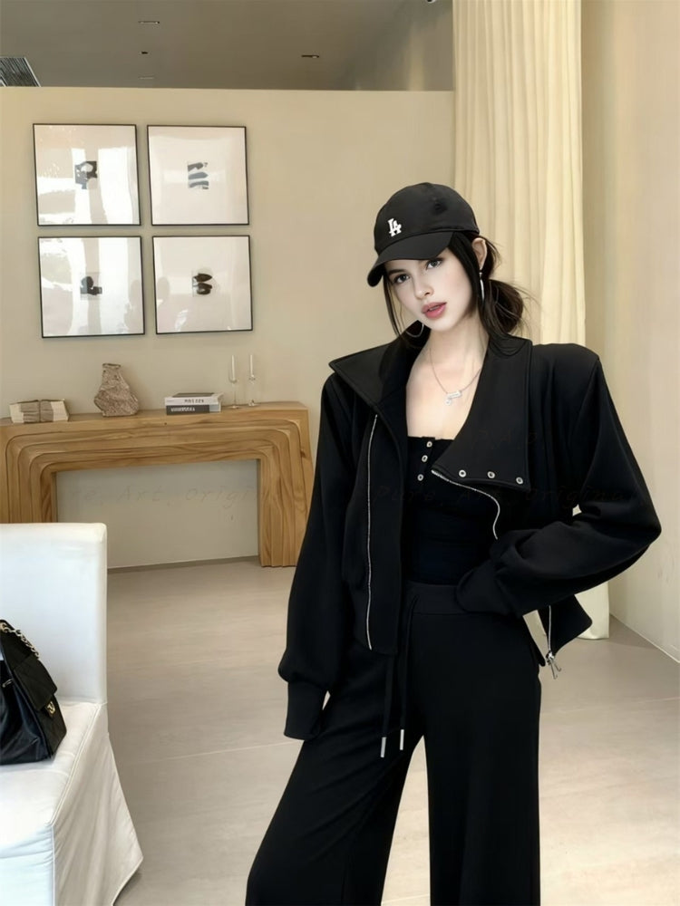 Slim-Fit Asymmetrical Zip Mock Neck Sweatshirt & Flared Pants Set