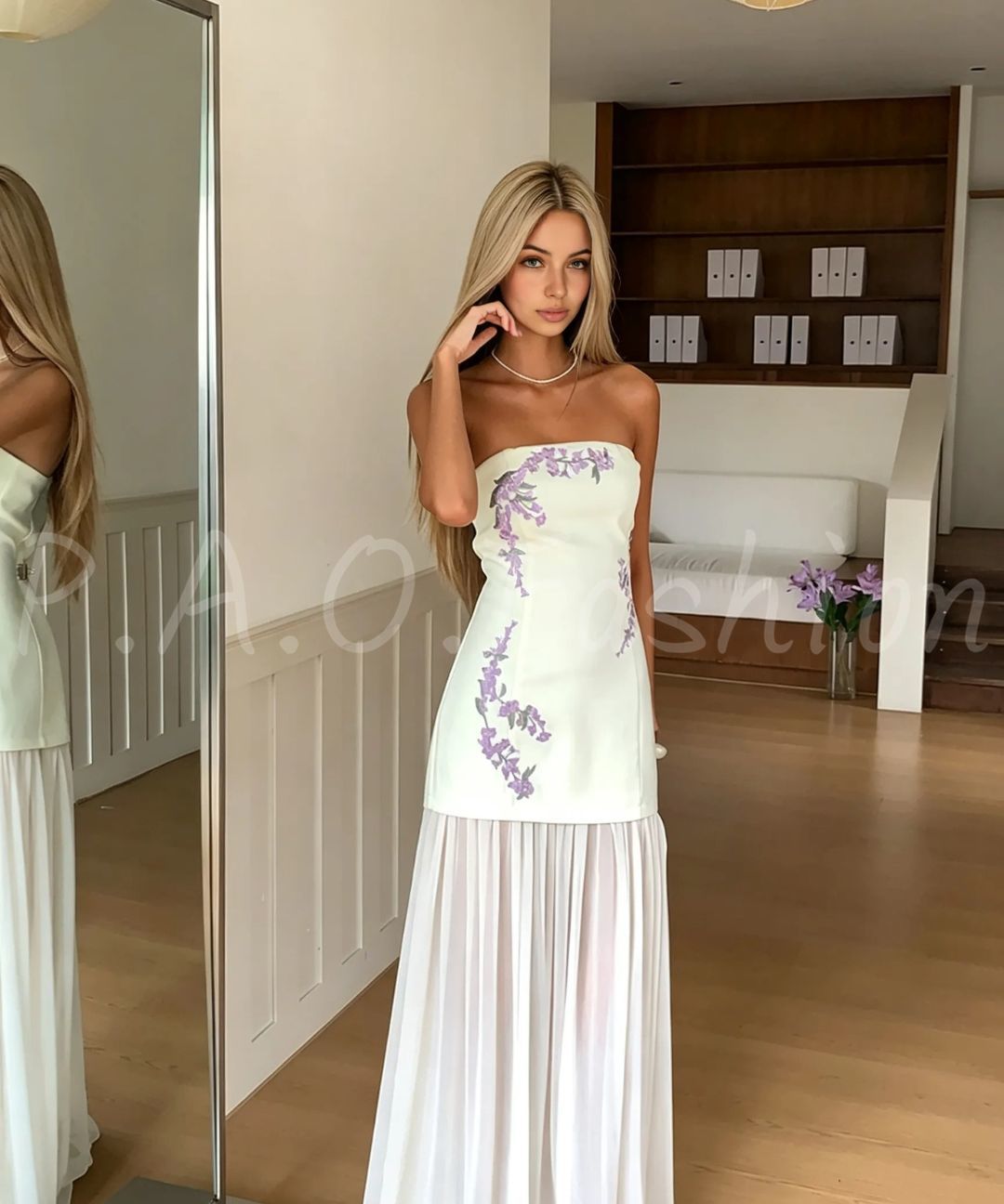 Wisteria Embroidered Strapless Pleated Chiffon Maxi Dress